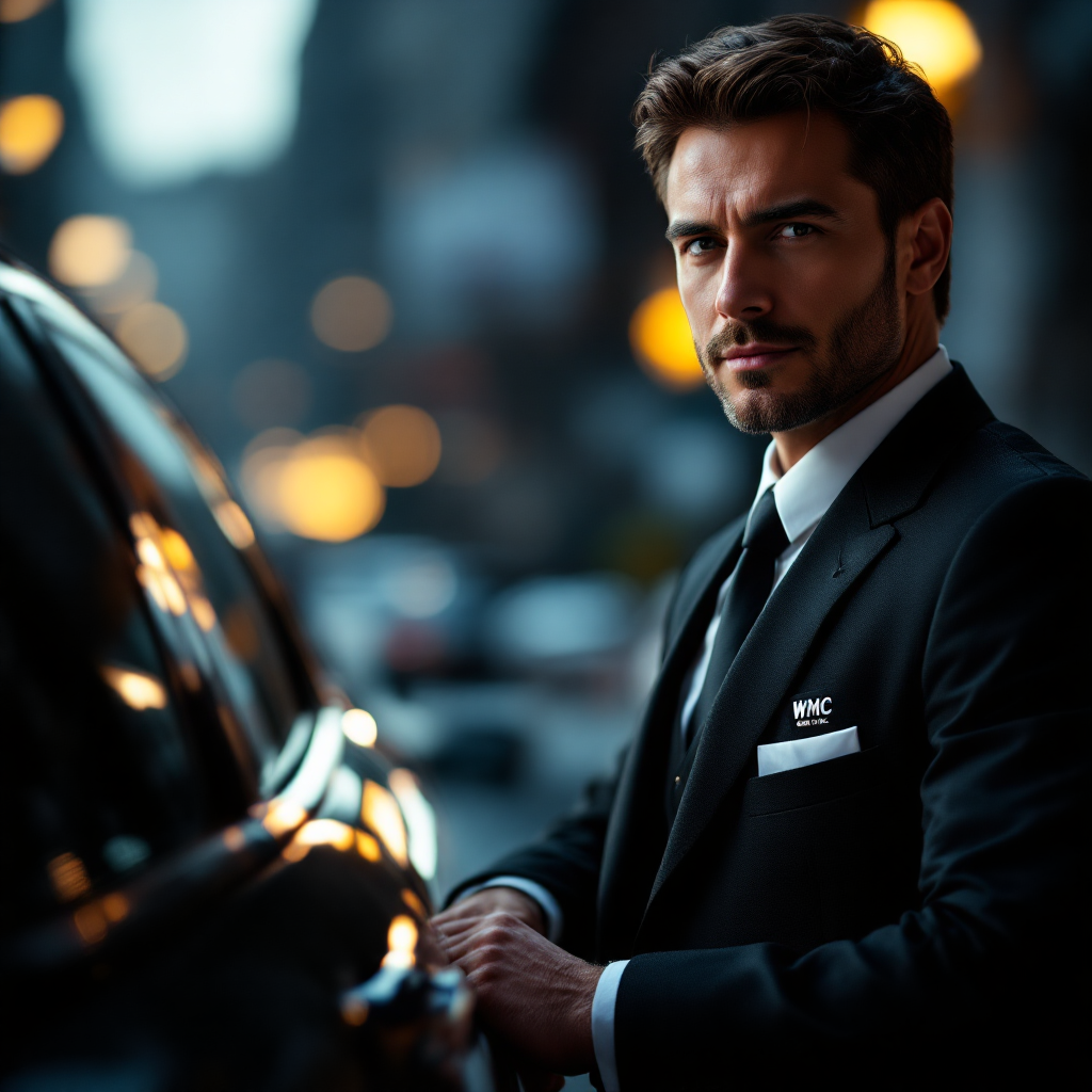 Professional chauffeur opening door of luxury Mercedes for executive private hire in Northampton